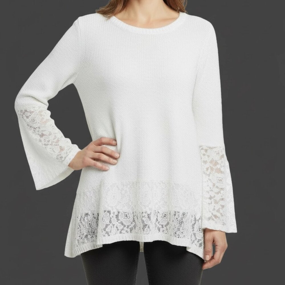 Style & Co. Women's White Long Sleeve Lacey Florals Cable Knit Sweater Size L